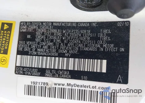 2010 Lexus Rx 350 from USA, damaged, VIN 2T2BK1BA8AC049898